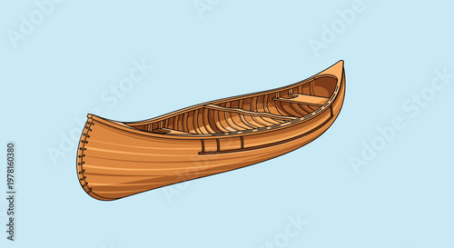 Traditional wooden canoe with a detailed interior rib structure and curved bow floating on a peaceful light blue water background.