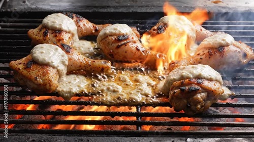 Delicious Chicken Drumsticks Grilling with Sauce on BBQ Grill