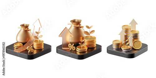 3D financial growth icon set, gold coins, upward arrows, and percentage symbols. Growth money isolated on 3d podium with wealth financial business success finance graph stock profit investment chart.