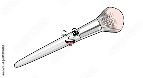 Cartoon makeup brush with a winking face and a happy smile on a white background, perfect for beauty and fashion illustrations.
