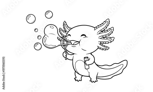 An adorable axolotl cheerfully blows bubbles with a bubble wand. Coloring page, Black and White Line Art Printable for Kids and Adults.
