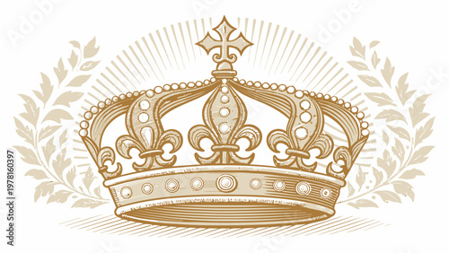 Golden european crown silhouette with laurels on white background regal vector concept