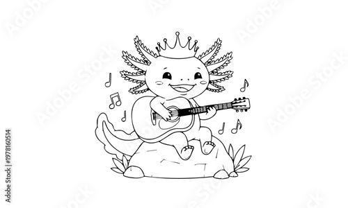Charming axolotl with a crown cheerfully plays an acoustic guitar on a rock. Coloring page, Black and White Line Art Printable for Kids and Adults.