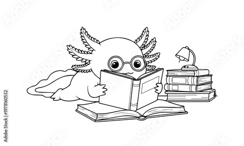 A charming axolotl relaxes and reads a book atop a stack of volumes. Coloring page, Black and White Line Art Printable for Kids and Adults.
