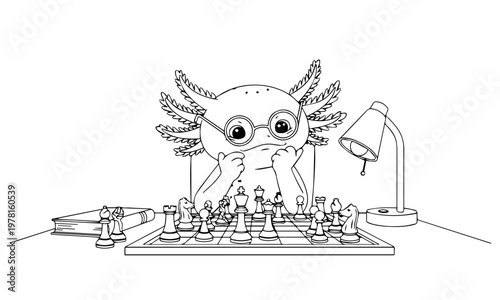 An axolotl contemplates a chess game appearing thoughtful and intelligent. Coloring page, Black and White Line Art Printable for Kids and Adults.