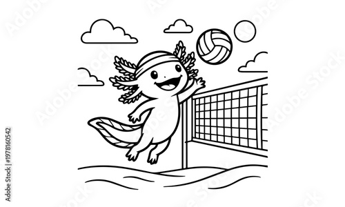 An adorable axolotl joyfully prepares to spike a volleyball on the beach. Coloring page, Black and White Line Art Printable for Kids and Adults.