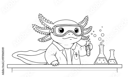 An adorable axolotl scientist conducts an experiment in a laboratory setting. Coloring page, Black and White Line Art Printable for Kids and Adults
