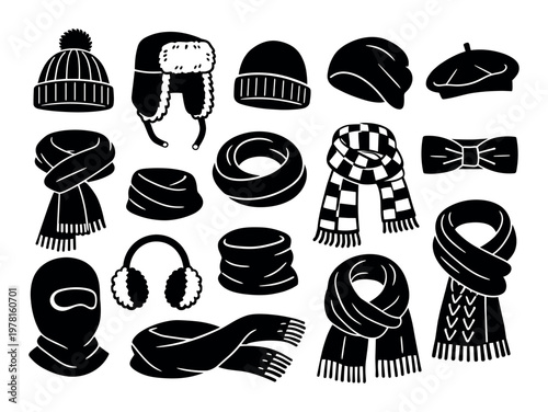 Assortment of black silhouette winter accessories for cold weather. Collection includes various warm hats, knitted scarves, and neck gaiters