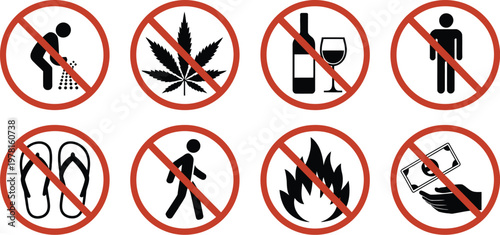 Prohibition Icon Set with No Urination, No Marijuana, No Alcohol, No Pedestrians, No Flames and No Tipping Signs, Warning and Restriction Symbols Collection, Vector Illustration for Safety Design