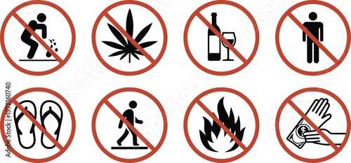 Prohibition Icon Set with No Urination, No Marijuana, No Alcohol, No Pedestrians, No Flames and No Tipping Signs, Warning and Restriction Symbols Collection, Vector Illustration for Safety Design