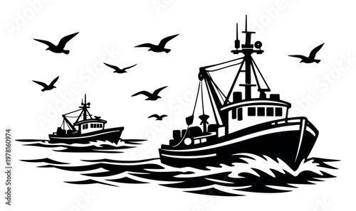 Fishing boats navigating through ocean waves with seagulls flying overhead, representing maritime industry and marine life