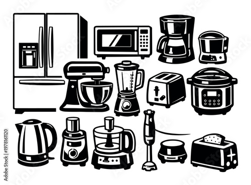 Household appliances for cooking and food preparation, including a fridge, blender, stand mixer, microwave, coffee maker, and toaster