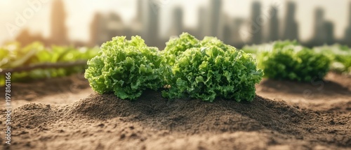 Fresh green lettuce plants growing in soil with city buildings in the blurred background during daytime