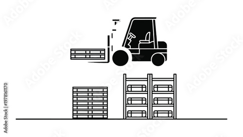 Forklift in Operation: A schematic depiction of a forklift diligently engaged in stacking and arranging wooden pallets, highlighting the core principles of material handling and logistics.