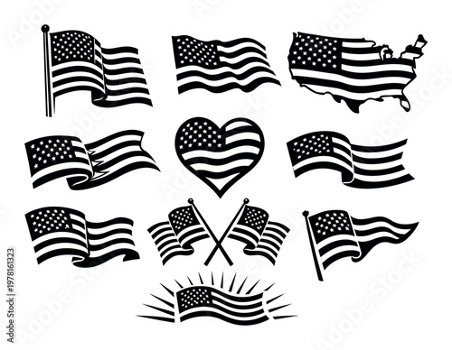 American flag icons in black and white, featuring various waving shapes, a heart, and the USA map outline