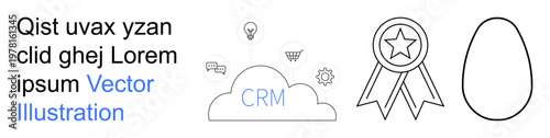 Business management, customer relationships, technology tools, achievement, service quality. Cloud labeled CRM with gears and icons, award ribbon, and egg outline. Customer relationships