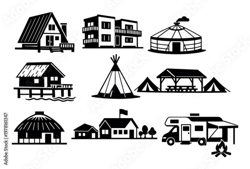 Set of diverse housing and accommodation icons illustrating different building styles, temporary shelters, and recreational dwellings