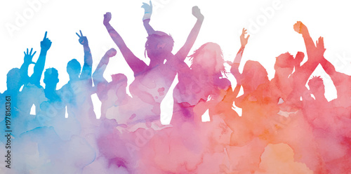 Vector illustration of a crowd of active people and dancers' silhouettes jumping at a fun disco music party over an abstract colorful watercolor background with purple paint splashes
