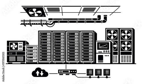 Server room interior showing rows of network servers, cooling units, and cables connecting to a cloud service