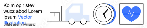 Logistics, time tracking, health monitoring, productivity, delivery, wellness. A truck with cargo, a clock and a heart with pulse line. Logistics and time tracking concepts are