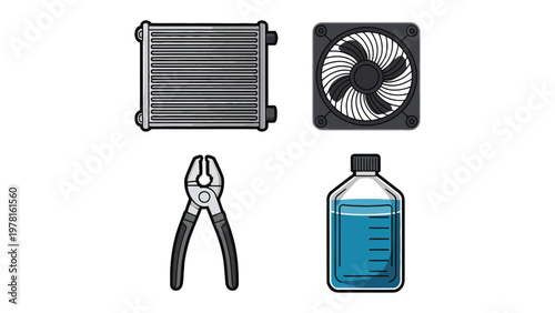 Components and Tools: A diverse array of essential components and tools, including a cooling unit, fan, pliers, and a bottle of blue liquid, meticulously arranged to depict a practical setup.