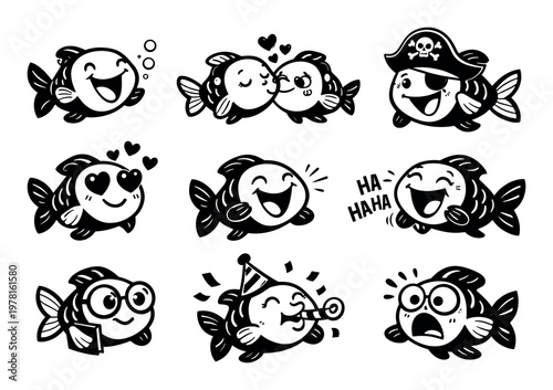 Cute cartoon fish characters displaying a range of emotions and activities like happiness, love, laughter, surprise, reading, and celebrating party