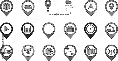 Delivery and Logistics Icon Set with Shipment, Location, Route, and Tracking Symbols for E-commerce, Transportation, and Supply Chain Solutions