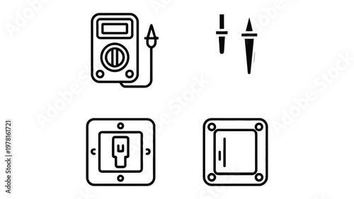 Electrical tools icon set: A set of essential electrical tools in a clean, minimalist style, suitable for educational or illustrative purposes.