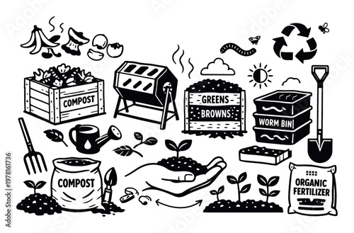 Image featuring composting, organic waste management, and gardening components such as compost bins, worm bins, and fertilizer