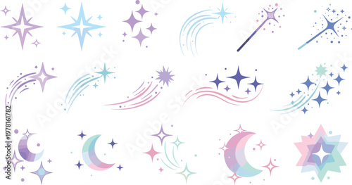 Magical Sparkle and Starry Icon Set with Wands, Stars, Moons, and Cosmic Elements for Fantasy, Celebration, and Creative Designs