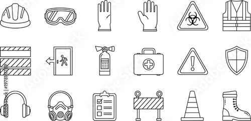 Workplace Safety and Protection Icon Set with PPE, Hazard Signs, Emergency Equipment, and Protective Gear for Industrial and Construction Sites