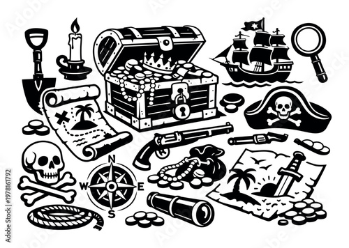 Pirate adventure collection with a treasure chest, map, skull, ship, compass, pistol, and other pirate attributes