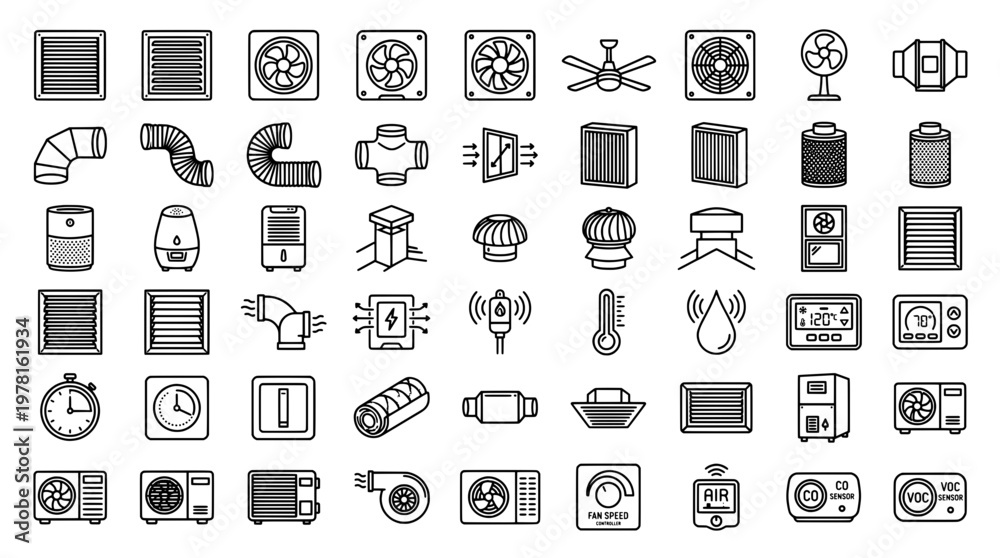 Fototapeta premium Air conditioning and ventilation system icons in clean modern vector style