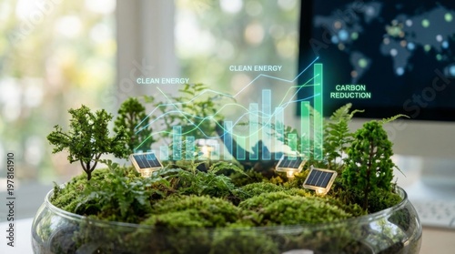 Sustainable environmental data visualization showing miniature forest ecosystem with digital analytics charts for carbon reduction and clean energy management in a green technology business concept