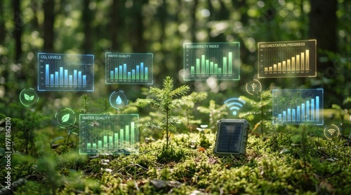 Smart forest management system with digital data visualization and analytics for environmental sustainability climate change monitoring and ecosystem protection using iot sensors in green nature.