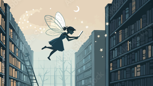 Whimsical fairy silhouette flies between city library buildings under starry night sky with crescent moon