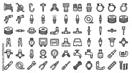 Collection of various industrial and construction tools and components