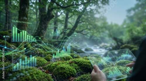 Environmental data visualization and forest management for sustainability using green climate analytics in a lush ecosystem with digital technology monitoring carbon reduction and ecology.