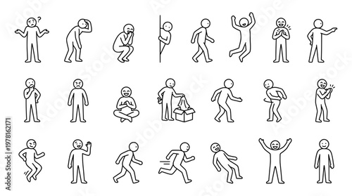 Diverse human figures in various poses conceptual line art set