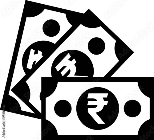 Black Indian Rupee cashflow icon vector design with overlapping ₹ banknotes for finance, currency, wealth, business, savings, investment, economic transactions, and financial growth graphics