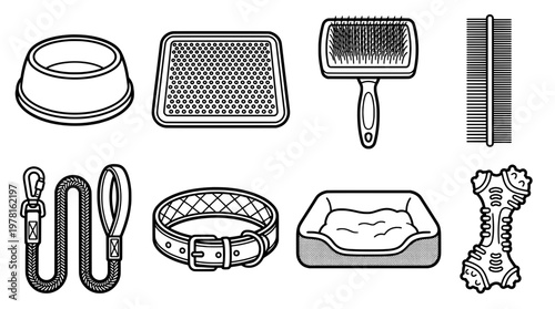 Dog supplies set bowl bed brush comb collar leash and toy icons