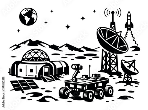 Human colony establishing itself on Lunar landscape, featuring a habitat module, solar panels, and a research rover working