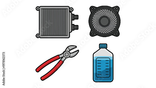 Computer Cooling and Maintenance: A collection of computer cooling components and maintenance tools, ready for servicing a system. 