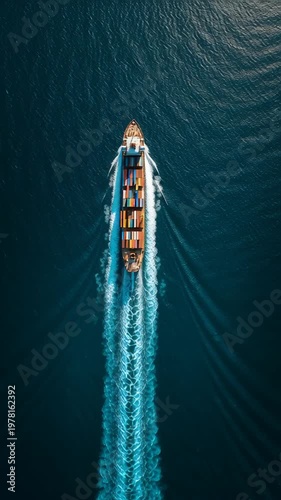 top-down aerial view of large merchant ship cutting through deep blue ocean, long wake trail forming clean lines, geometric composition, strong contrast between ship and water, minimalist maritime 