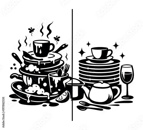 Comparing unwashed, greasy kitchenware creating a mess with a stack of polished, shiny dishes, symbolizing home cleaning