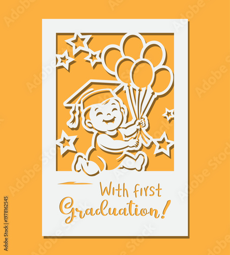 A postcard with clippings for kindergarten graduation. Funny kid with balloons