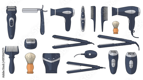 Large set of professional hair styling and grooming tools including blow dryers straighteners and trimmers in a flat color palette.