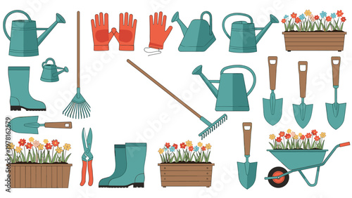 Complete set of gardening equipment and potted plants featuring watering cans rakes shovels and boots for backyard hobby themes.