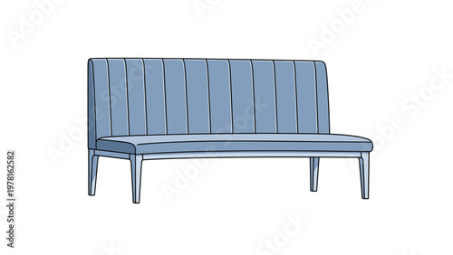 Long upholstered seating bench in a soft blue color with vertical stitching details and sleek legs for modern interior design art.