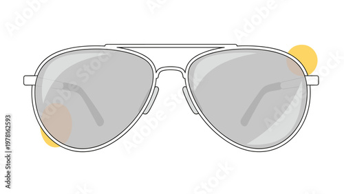 Classic aviator sunglasses illustration with silver frames and grey lenses featuring abstract yellow accents on a white background.